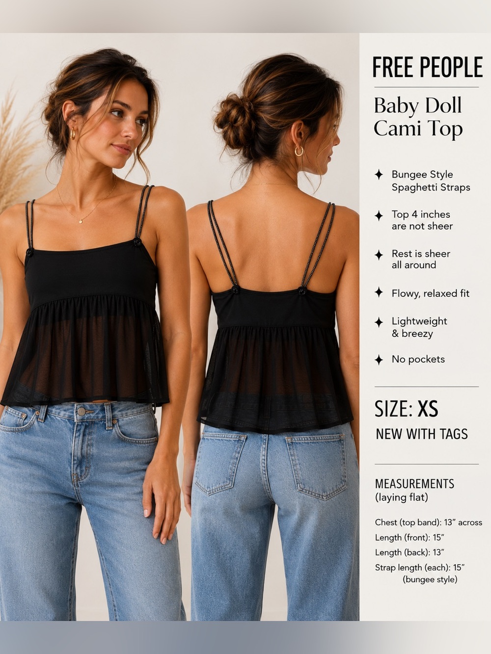 Free People Movement Black Sheer Babydoll Tank Top  womens XS New Boho y2k Flowy